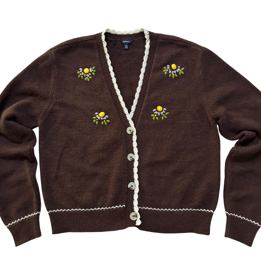 Womens Cottagecore Floral Embroidered 3D Cardigan Sweater L Brown Ruffle Trim